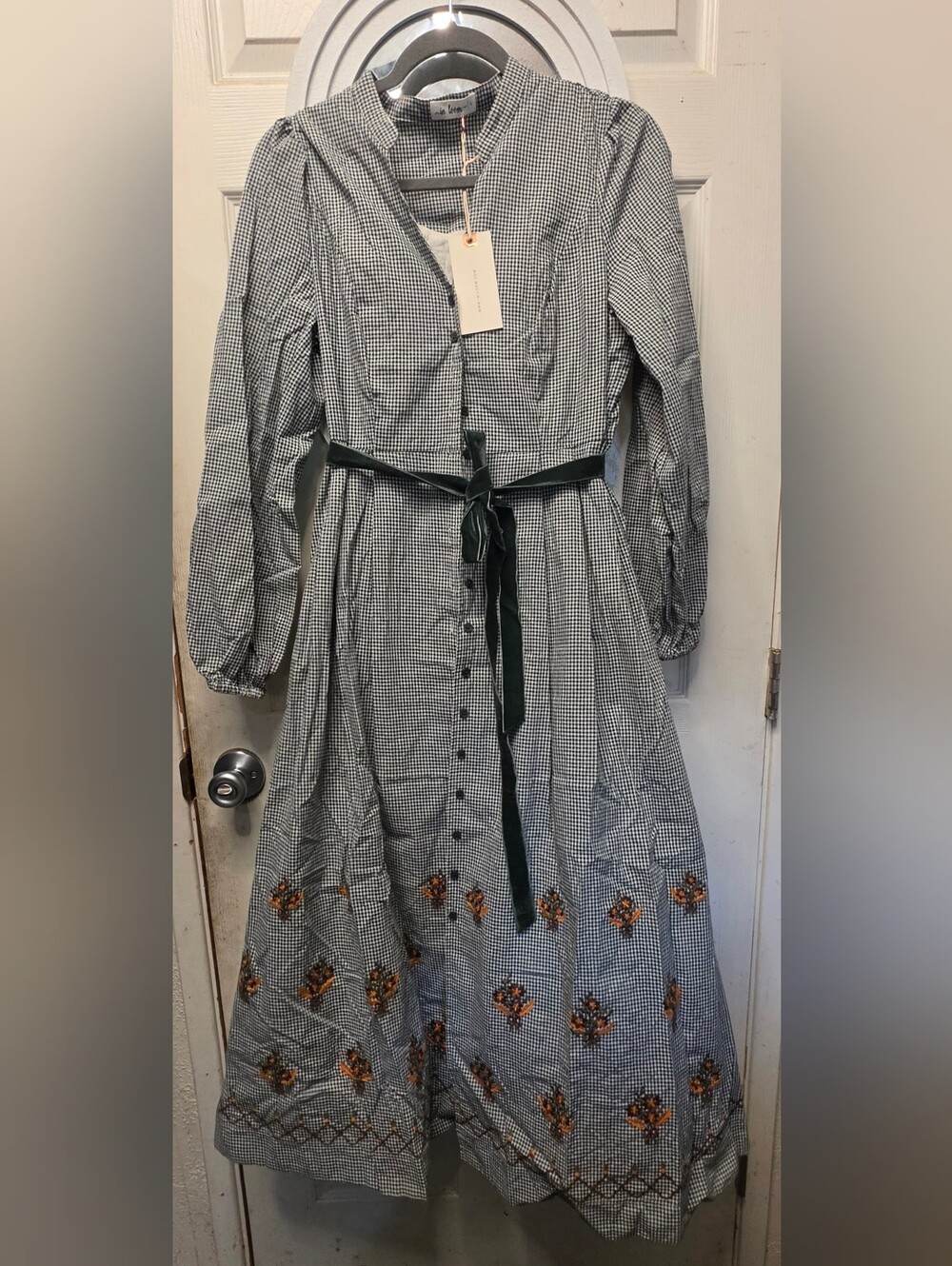 In loom Green Checked Long-Sleeve Midi Dress with Embroidered Hem